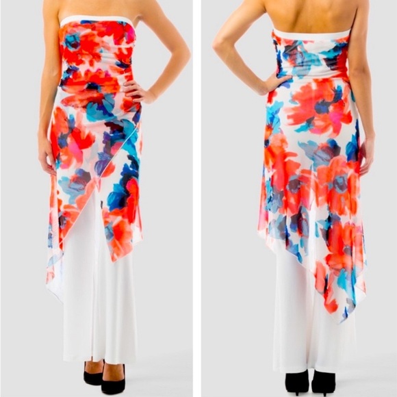 Cache Off White Straplesss Jumpsuit with Floral Print Mesh Overlay Sz XS - Picture 4 of 7